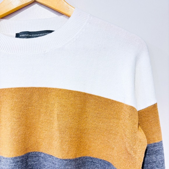 FRENCH CONNECTION White grey beige colorblock knit sweater | Cozy casual | Small - Picture 3 of 10